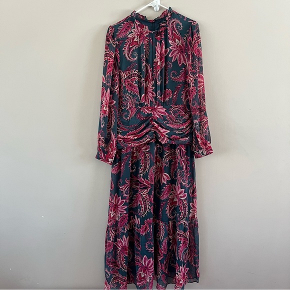 Maggy London Paisley Gathered Waist Maxi Dress 16 Slate cherry blossom green - Picture 2 of 13